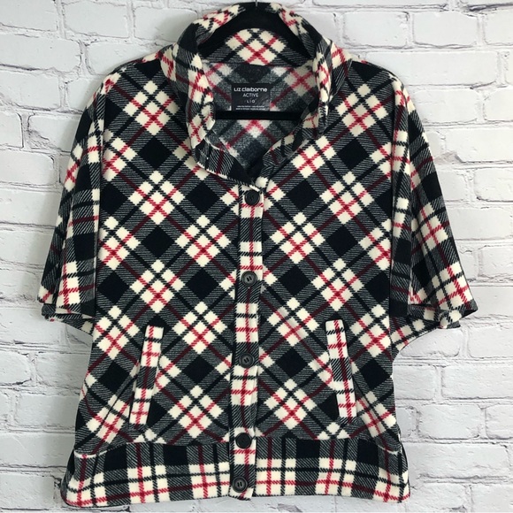 LIZ CLAIBORNE ACTIVE FLEECE PLAID RED/BLACK PONCHO/CAPE SIZE (L) - Picture 1 of 14